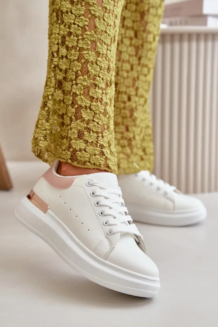 Online Boto Niskie Trampki Damskie Na Platformie Z Eko Skóry Biało-Różowo Nevelena