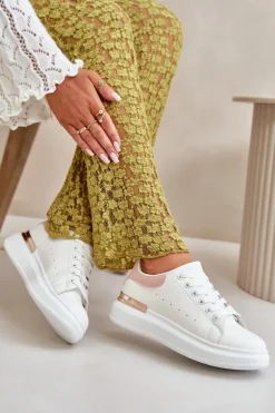 Online Boto Niskie Trampki Damskie Na Platformie Z Eko Skóry Biało-Różowo Nevelena