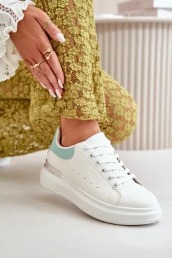 Damskie Boto Niskie Trampki Damskie Na Platformie Z Eko Skóry Biało-Zielone Nevelena