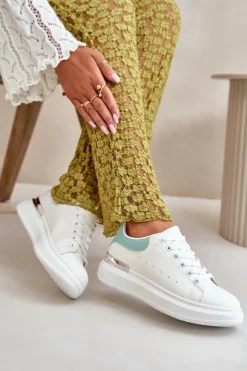 Damskie Boto Niskie Trampki Damskie Na Platformie Z Eko Skóry Biało-Zielone Nevelena