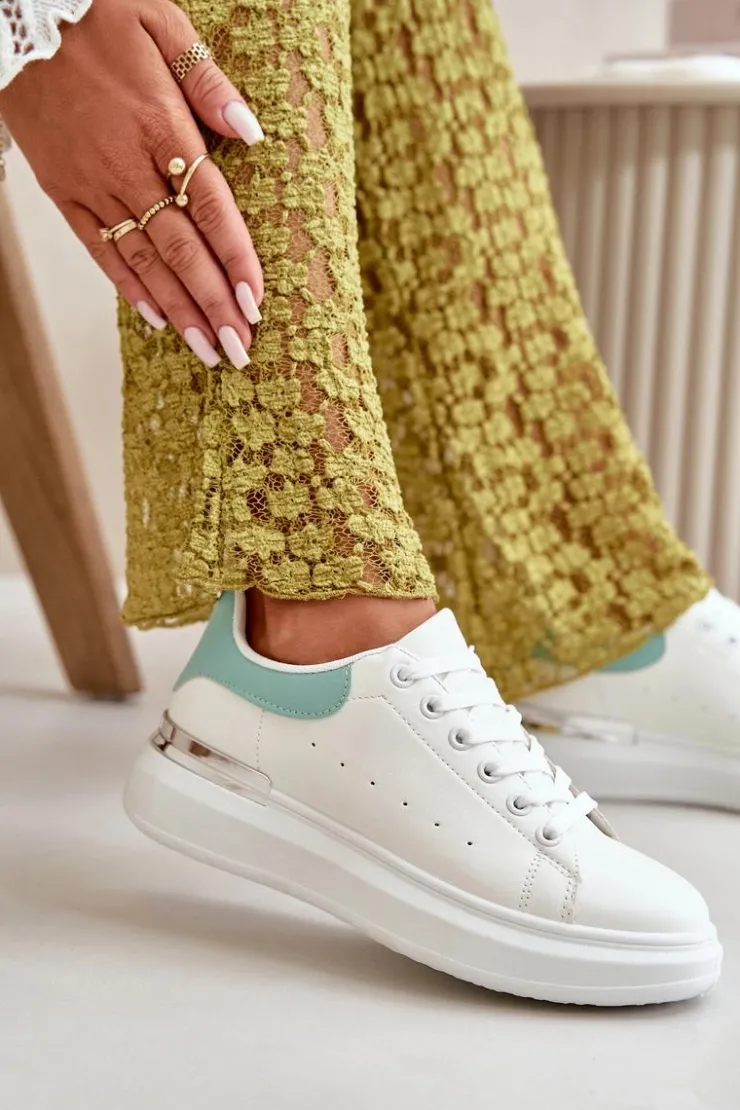 Damskie Boto Niskie Trampki Damskie Na Platformie Z Eko Skóry Biało-Zielone Nevelena