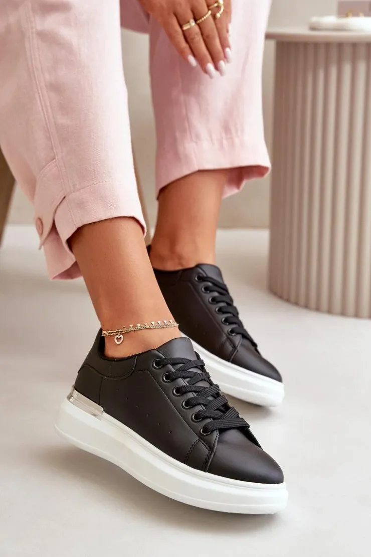 Damskie Boto Niskie Trampki Damskie Na Platformie Z Eko Skóry Czarne Nevelena