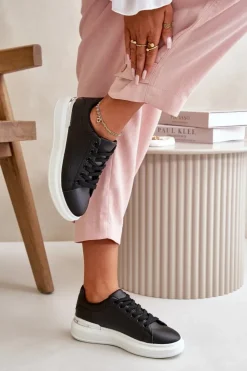 Damskie Boto Niskie Trampki Damskie Na Platformie Z Eko Skóry Czarne Nevelena