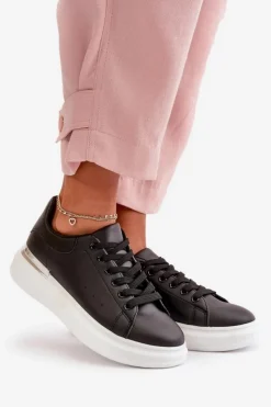 Damskie Boto Niskie Trampki Damskie Na Platformie Z Eko Skóry Czarne Nevelena