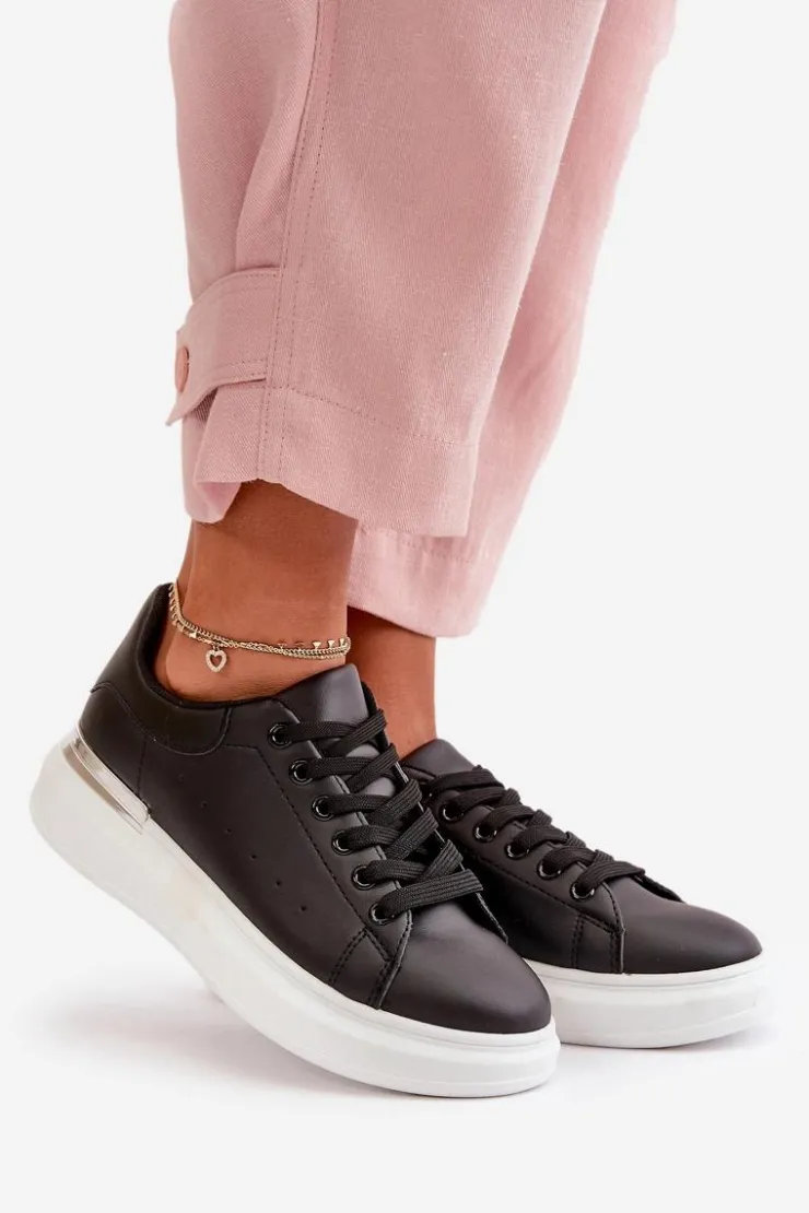 Damskie Boto Niskie Trampki Damskie Na Platformie Z Eko Skóry Czarne Nevelena