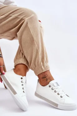 Outlet Boto Niskie Trampki Damskie Z Dżetami Biało-Srebrne Demira