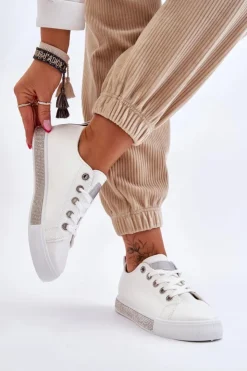 Outlet Boto Niskie Trampki Damskie Z Dżetami Biało-Srebrne Demira