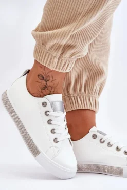 Outlet Boto Niskie Trampki Damskie Z Dżetami Biało-Srebrne Demira