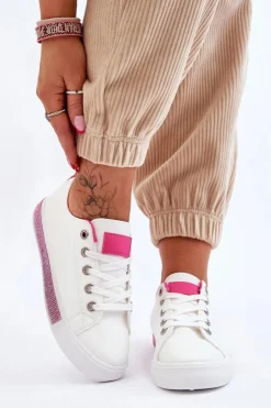 Damskie Boto Niskie Trampki Damskie Z Dżetami Biało-Różowe Demira