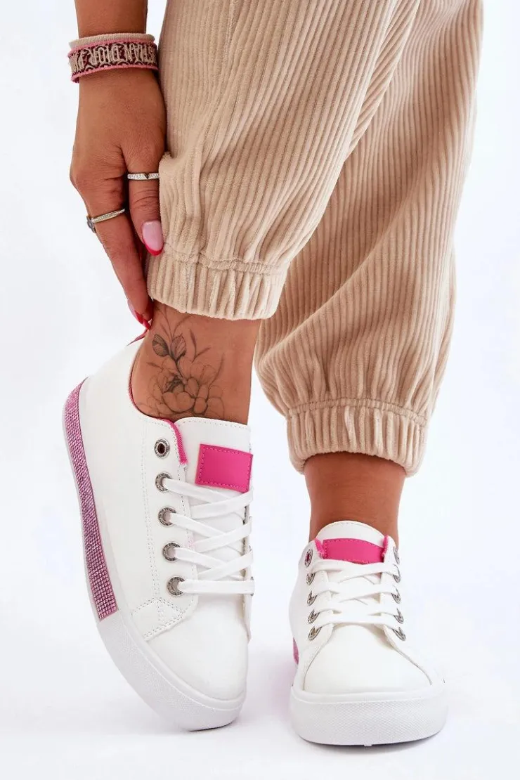 Damskie Boto Niskie Trampki Damskie Z Dżetami Biało-Różowe Demira