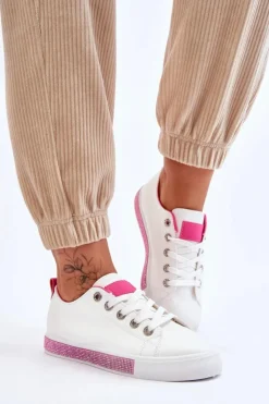 Damskie Boto Niskie Trampki Damskie Z Dżetami Biało-Różowe Demira