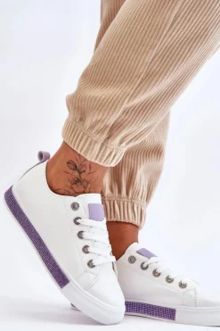 Boto Niskie Trampki Damskie Z Dżetami Biało-Fioletowe Demira