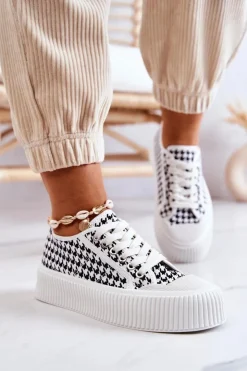Damskie Boto Niskie Trampki Na Platformie Biało-Czarne Mischa