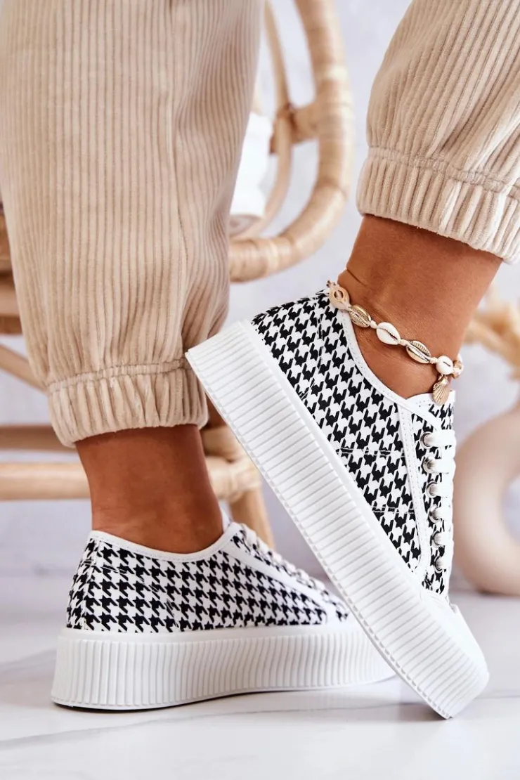 Damskie Boto Niskie Trampki Na Platformie Biało-Czarne Mischa