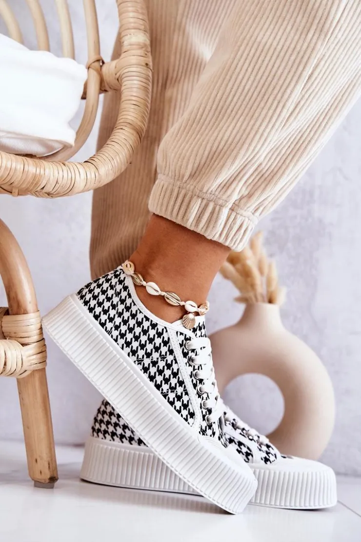 Damskie Boto Niskie Trampki Na Platformie Biało-Czarne Mischa