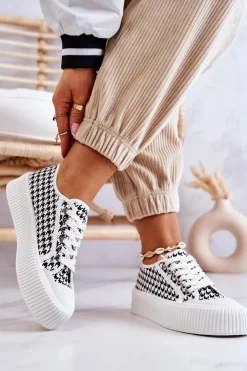 Damskie Boto Niskie Trampki Na Platformie Biało-Czarne Mischa