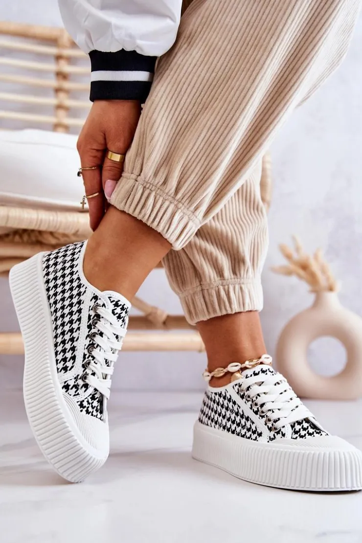 Damskie Boto Niskie Trampki Na Platformie Biało-Czarne Mischa