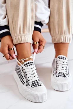 Damskie Boto Niskie Trampki Na Platformie Biało-Czarne Mischa