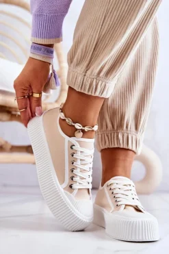 Boto Trampki Damskie Niskie*Niskie Trampki Na Platformie Beżowe Mischa Beżowy