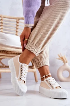 Boto Trampki Damskie Niskie*Niskie Trampki Na Platformie Beżowe Mischa Beżowy