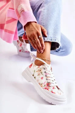Boto Trampki Damskie Niskie*Niskie Trampki Wiązane W Kwiaty Białe Amissa