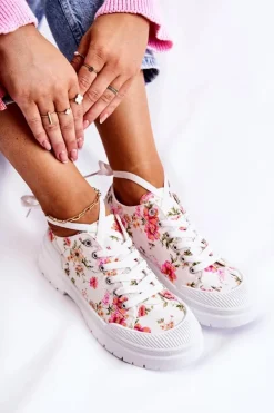 Boto Trampki Damskie Niskie*Niskie Trampki Wiązane W Kwiaty Białe Amissa