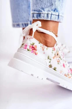 Boto Trampki Damskie Niskie*Niskie Trampki Wiązane W Kwiaty Białe Amissa