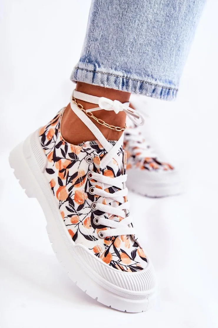 Damskie Boto Niskie Trampki Wiązane W Owoce Białe Amissa