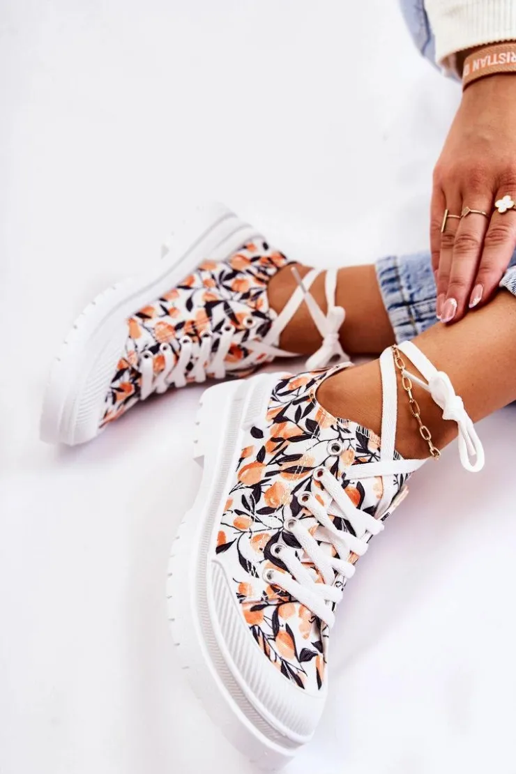 Damskie Boto Niskie Trampki Wiązane W Owoce Białe Amissa