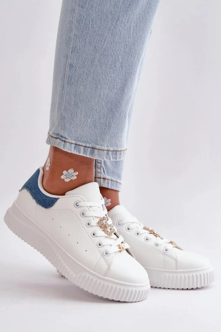 Damskie Boto Niskie Trampki Z Eko Skóry Z Przypinkami Biało-Niebieskie Cillione