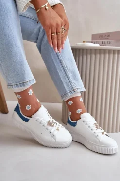 Damskie Boto Niskie Trampki Z Eko Skóry Z Przypinkami Biało-Niebieskie Cillione