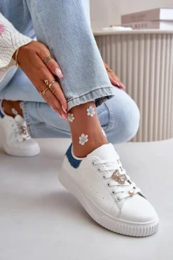 Damskie Boto Niskie Trampki Z Eko Skóry Z Przypinkami Biało-Niebieskie Cillione