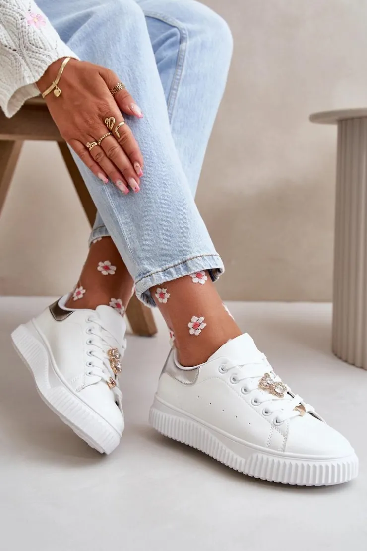 Online Boto Niskie Trampki Z Eko Skóry Z Przypinkami Biało-Srebrne Cillione