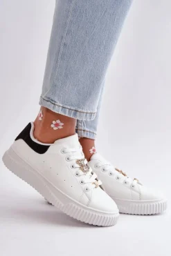 Boto Trampki Damskie Niskie|Sneakersy Damskie*Niskie Trampki Z Eko Skóry Z Przypinkami Biało-Czarne Cillione