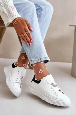 Boto Trampki Damskie Niskie|Sneakersy Damskie*Niskie Trampki Z Eko Skóry Z Przypinkami Biało-Czarne Cillione
