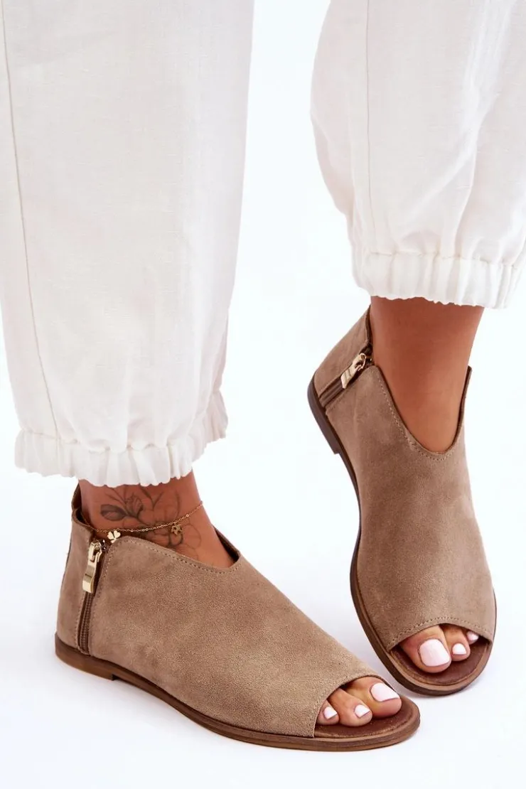 Boto Sandały Płaskie|Botki Wiosenne*Niskie Zamszowe Botki Sandały Nicole 2799/023 Beżowe