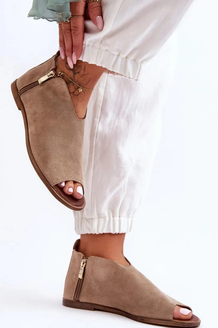 Boto Sandały Płaskie|Botki Wiosenne*Niskie Zamszowe Botki Sandały Nicole 2799/023 Beżowe