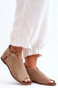 Boto Sandały Płaskie|Botki Wiosenne*Niskie Zamszowe Botki Sandały Nicole 2799/023 Beżowe