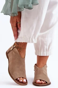 Boto Sandały Płaskie|Botki Wiosenne*Niskie Zamszowe Botki Sandały Nicole 2799/023 Beżowe