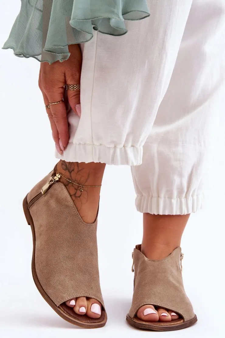 Boto Sandały Płaskie|Botki Wiosenne*Niskie Zamszowe Botki Sandały Nicole 2799/023 Beżowe