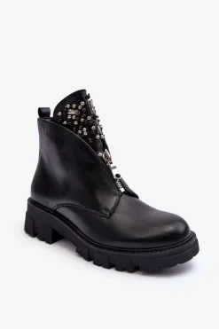 Online Boto Niskie Zdobione Skórzane Botki Z Suwakiem Czarne Escika