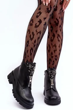 Online Boto Niskie Zdobione Skórzane Botki Z Suwakiem Czarne Escika