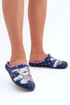 INBLU Kapcie Klasyczne|Klapki Damskie Klasyczne*Obuwie Domowe Damskie Kapcie Z Misiem GF000025 Granatowe
