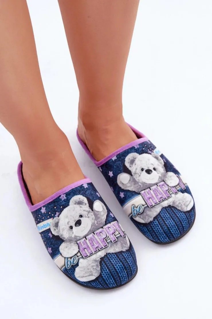 INBLU Kapcie Klasyczne|Klapki Damskie Klasyczne*Obuwie Domowe Damskie Kapcie Z Misiem GF000025 Granatowe