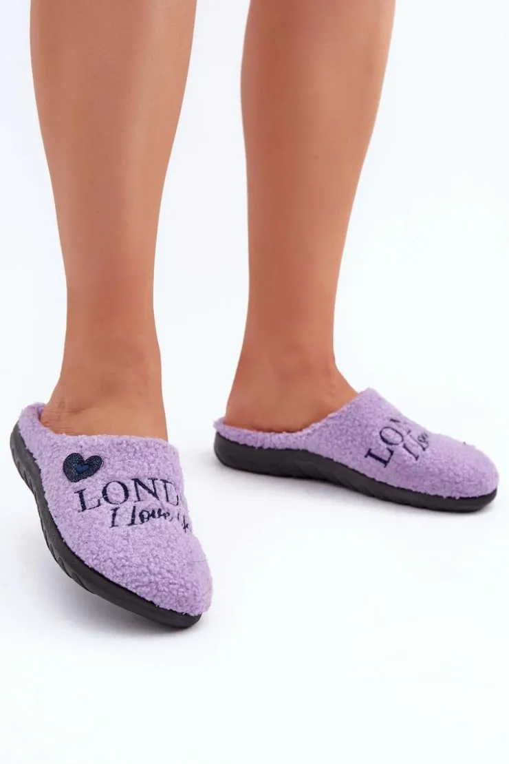 INBLU Kapcie Klasyczne|Klapki Damskie Klasyczne*Obuwie Domowe Kapcie Damskie Z Napisem I Futerkiem Typu Baranek ET000027 Fioletowe