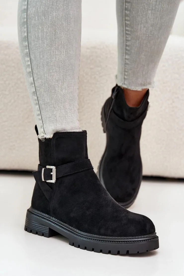 Clearance Boto Ocieplane Botki Eko Zamszowe Na Zamek Z Klamrą Czarne Zinovelle