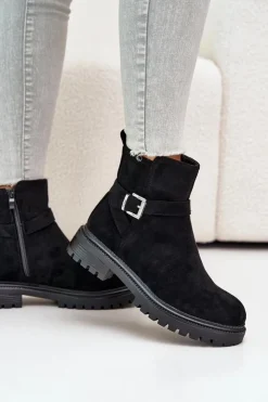 Clearance Boto Ocieplane Botki Eko Zamszowe Na Zamek Z Klamrą Czarne Zinovelle