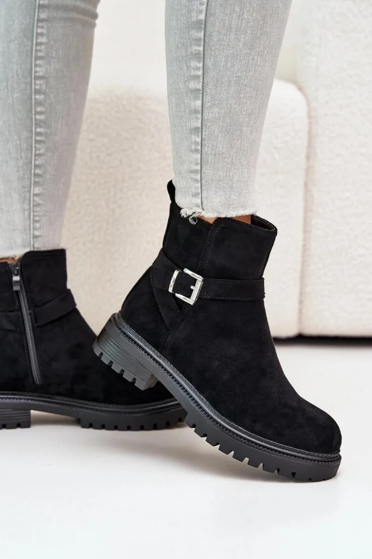 Clearance Boto Ocieplane Botki Eko Zamszowe Na Zamek Z Klamrą Czarne Zinovelle