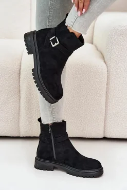 Clearance Boto Ocieplane Botki Eko Zamszowe Na Zamek Z Klamrą Czarne Zinovelle