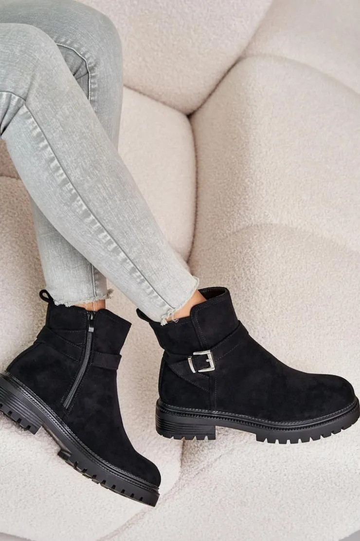 Clearance Boto Ocieplane Botki Eko Zamszowe Na Zamek Z Klamrą Czarne Zinovelle